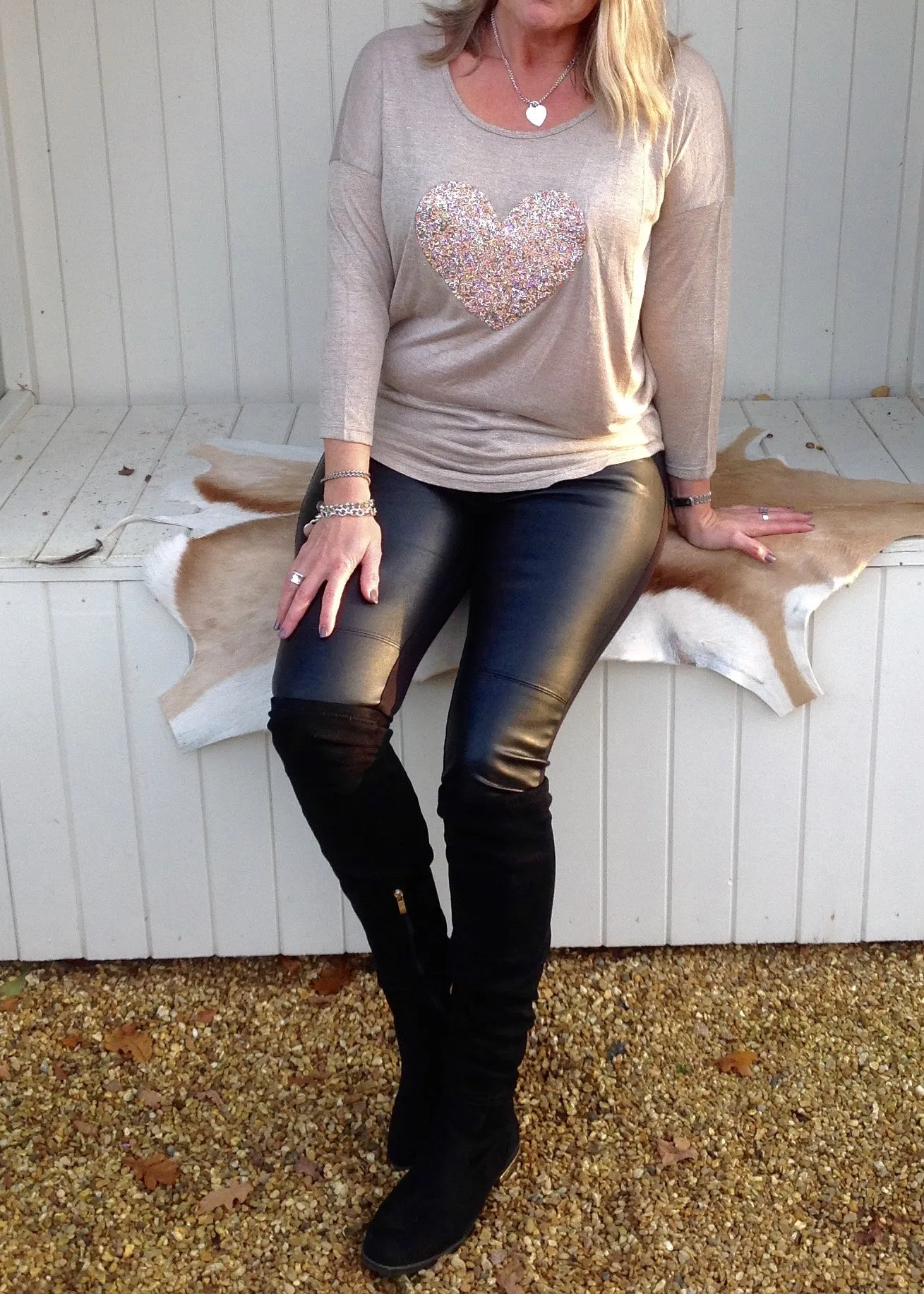 Sequin Heart T Shirt Top in Champagne Made In Italy By Feathers Of Italy One Size