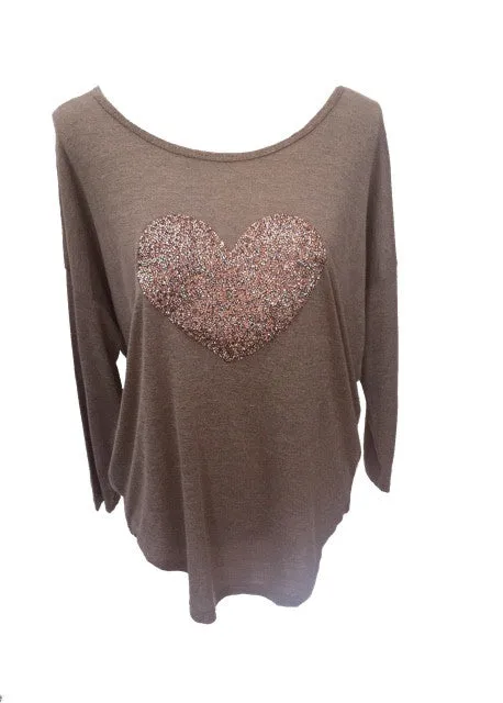 Sequin Heart T Shirt Top in Champagne Made In Italy By Feathers Of Italy One Size