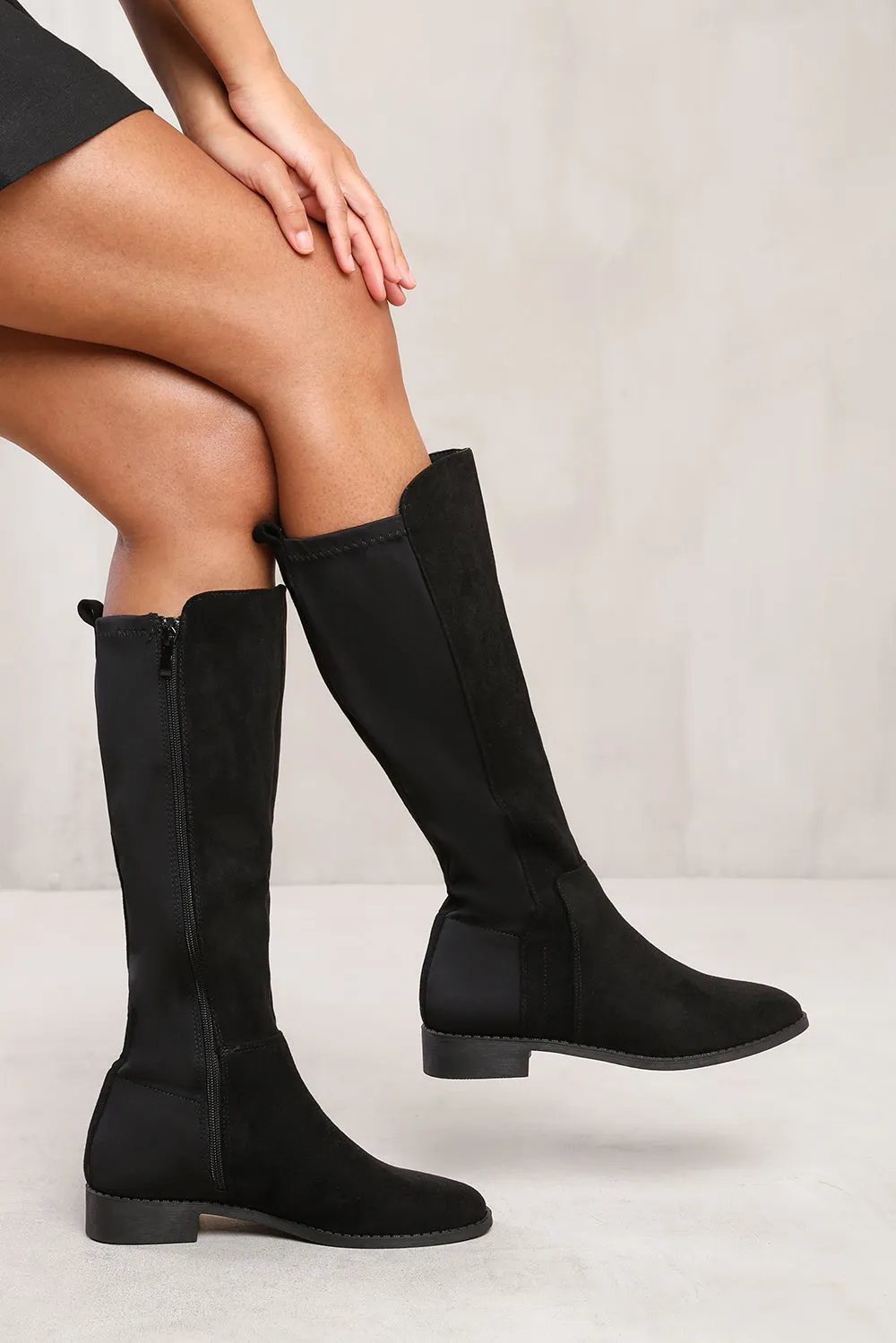 SHILOH KNEE HIGH BOOTS WITH SIDE ZIP IN BLACK SUEDE