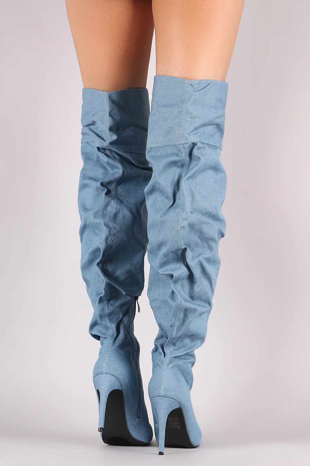 Slouchy Denim Pointy Toe Over-The-Knee Boots