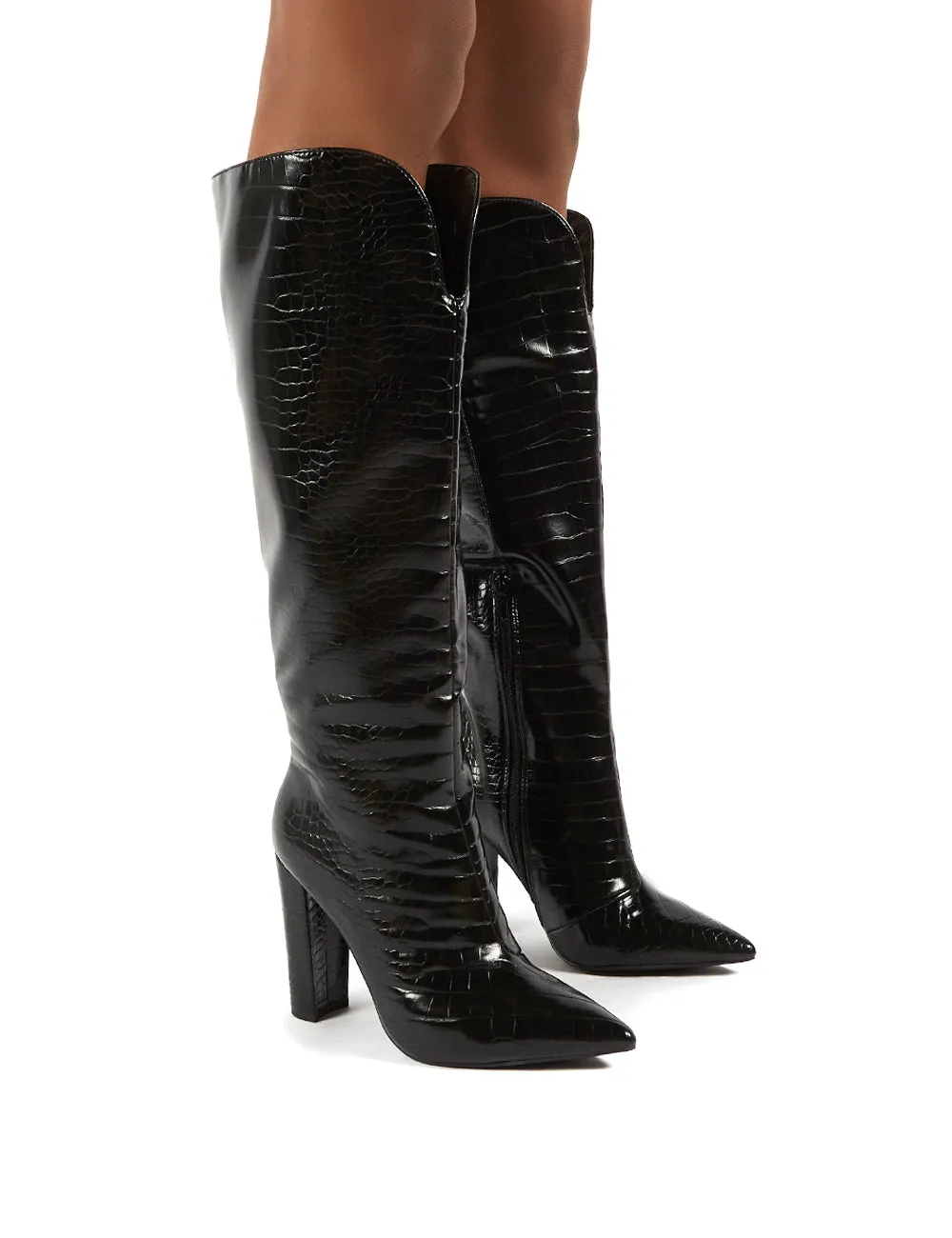 Slow Black Snake Wide Fit Knee High Block Heel Boots