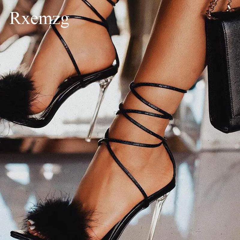 Snake Print Feather Detail Pointed Toe Transparent Strappy High Heel Sandals