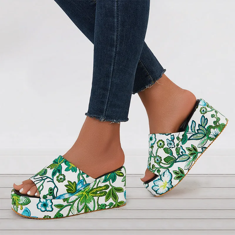 Sohiwoo  Floral Platform High Wedges Open Toe Slide Sandals