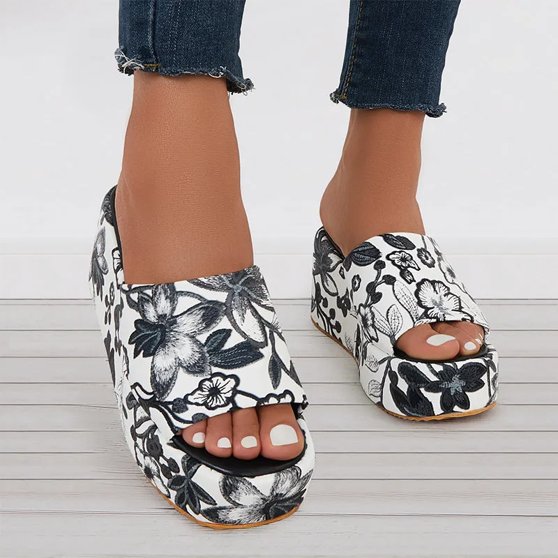 Sohiwoo  Floral Platform High Wedges Open Toe Slide Sandals