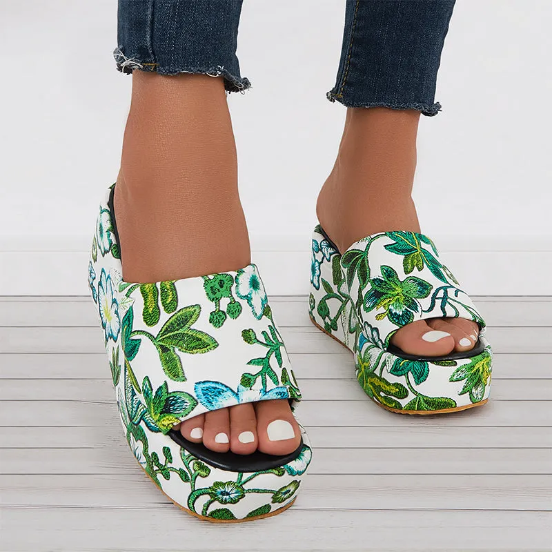 Sohiwoo  Floral Platform High Wedges Open Toe Slide Sandals