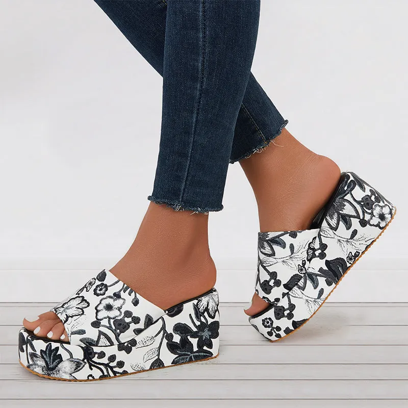 Sohiwoo  Floral Platform High Wedges Open Toe Slide Sandals