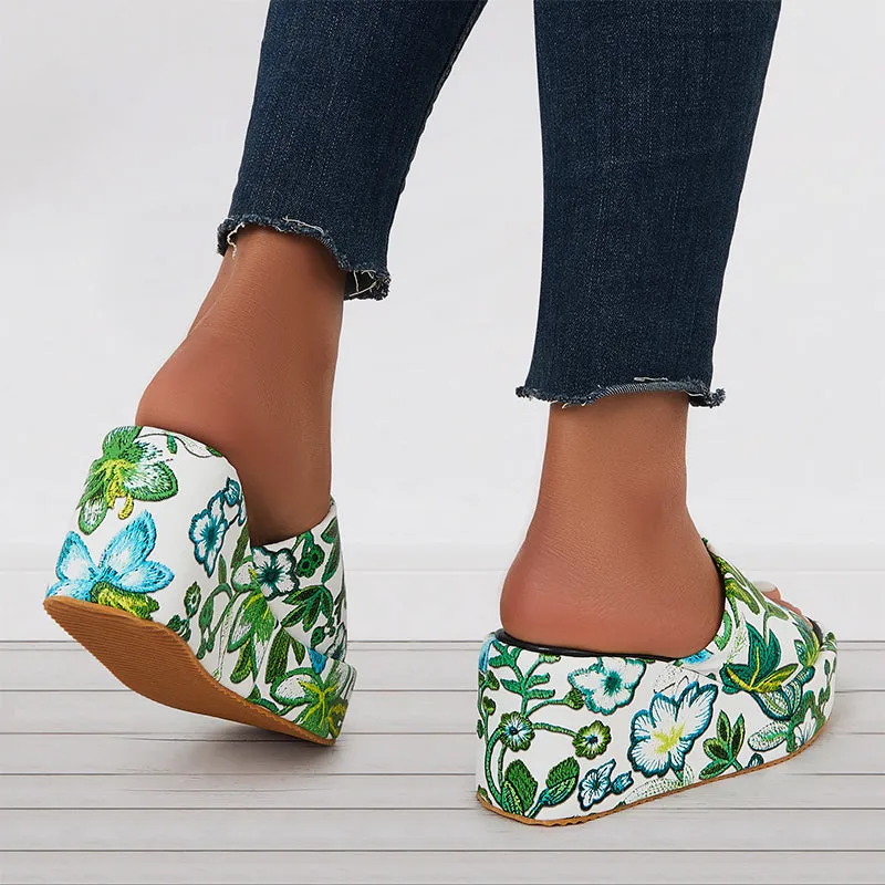 Sohiwoo  Floral Platform High Wedges Open Toe Slide Sandals