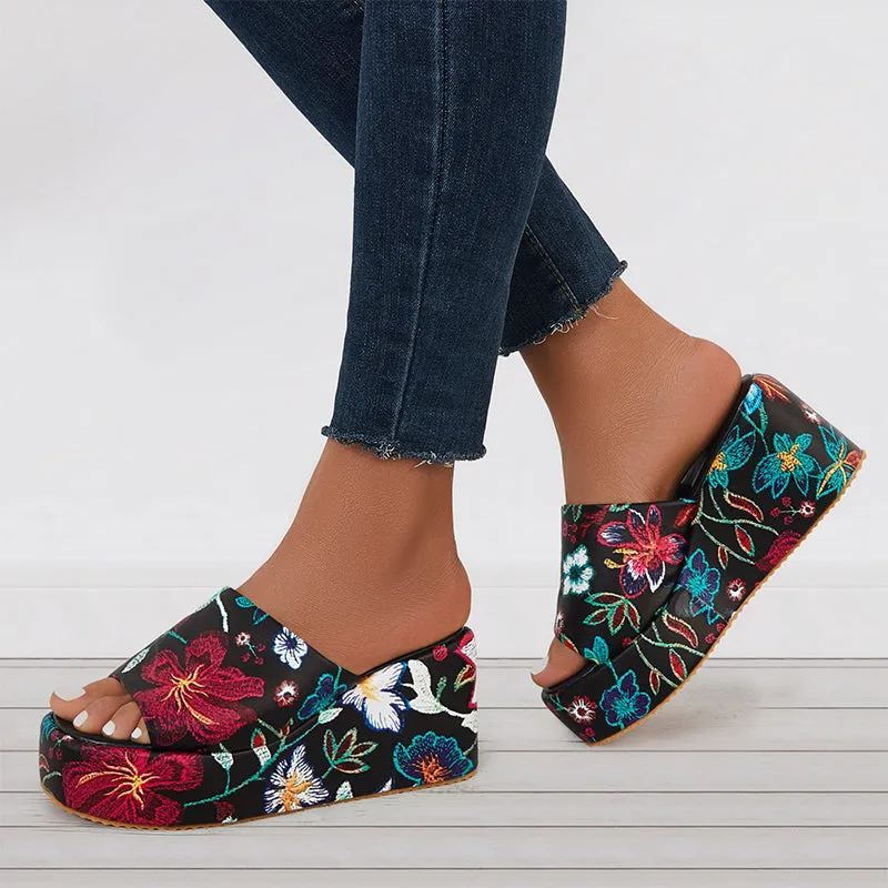 Sohiwoo  Floral Platform High Wedges Open Toe Slide Sandals