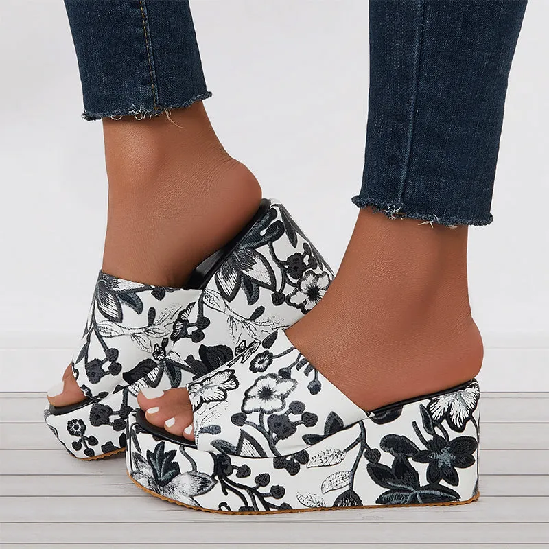 Sohiwoo  Floral Platform High Wedges Open Toe Slide Sandals