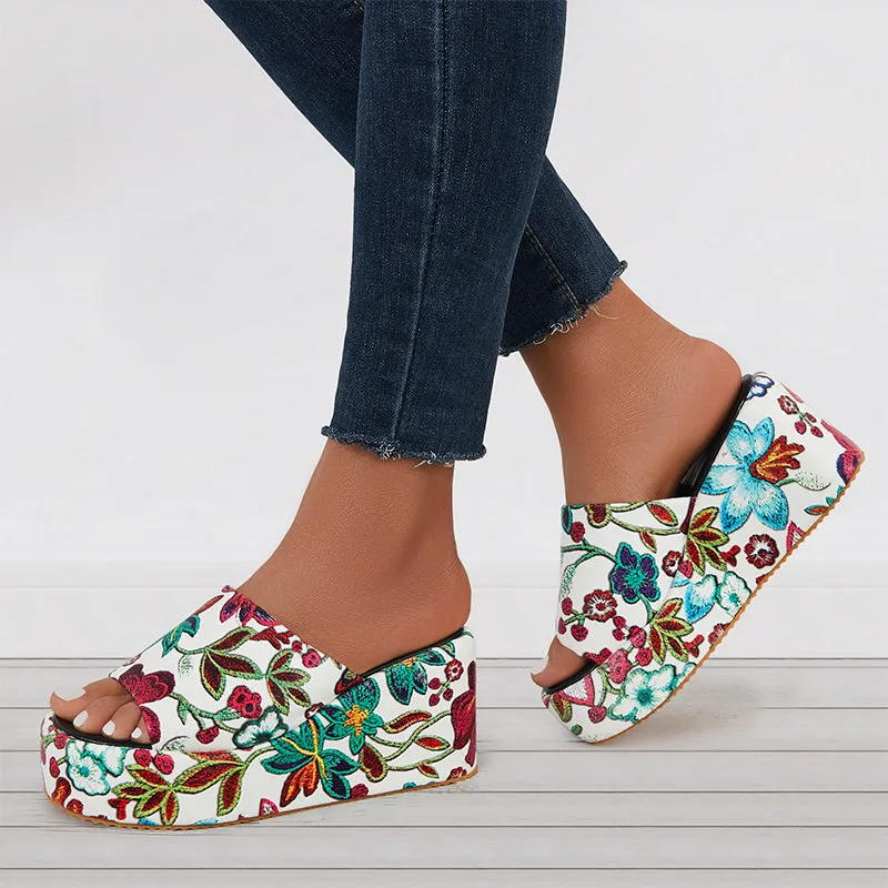 Sohiwoo  Floral Platform High Wedges Open Toe Slide Sandals