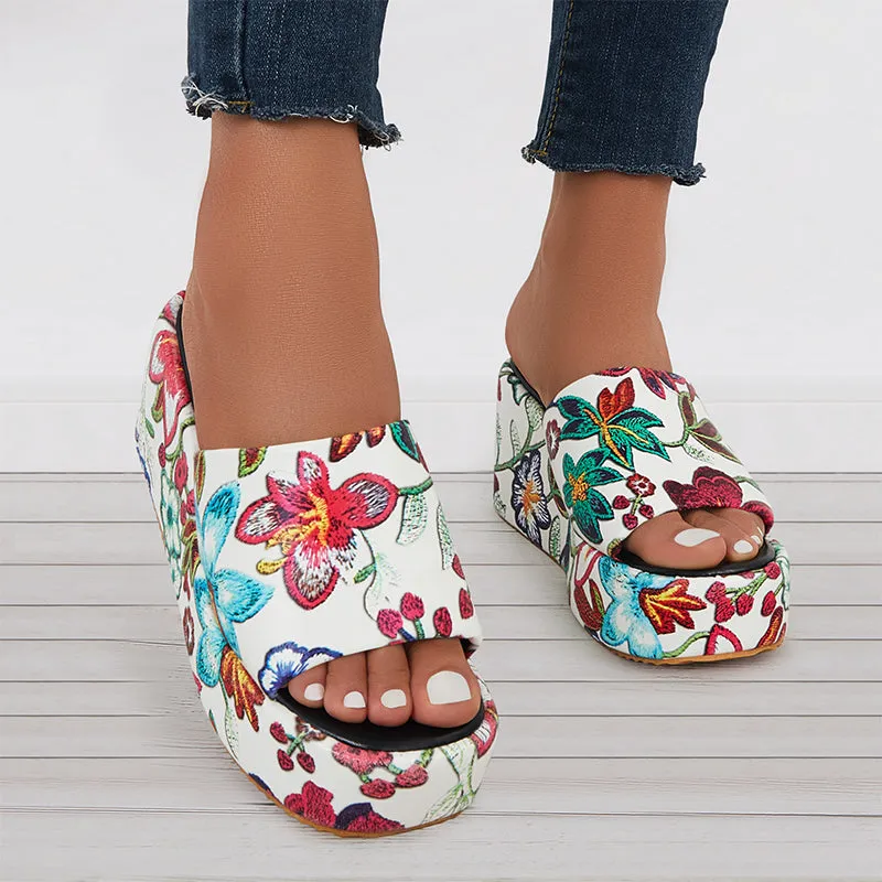 Sohiwoo  Floral Platform High Wedges Open Toe Slide Sandals