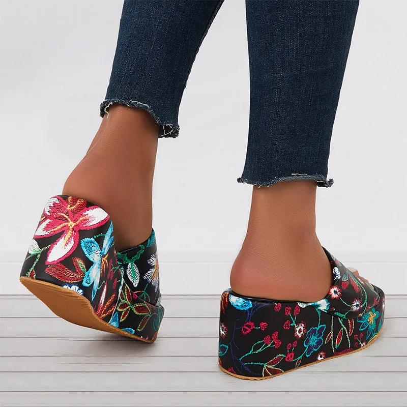 Sohiwoo  Floral Platform High Wedges Open Toe Slide Sandals