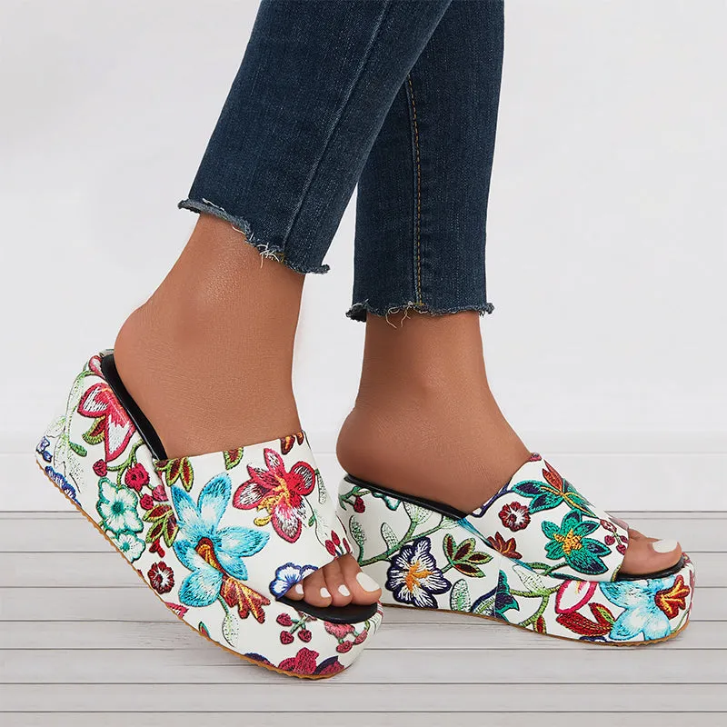 Sohiwoo  Floral Platform High Wedges Open Toe Slide Sandals