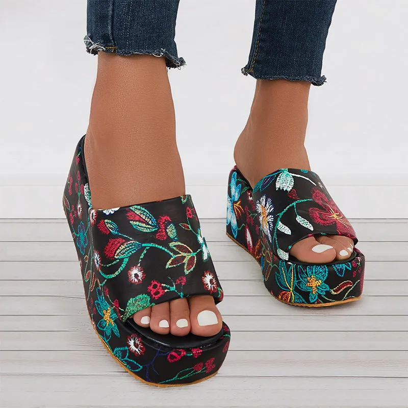 Sohiwoo  Floral Platform High Wedges Open Toe Slide Sandals