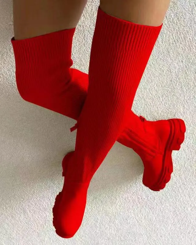 Solid color flying knit over-the-knee boots（HPSD150）