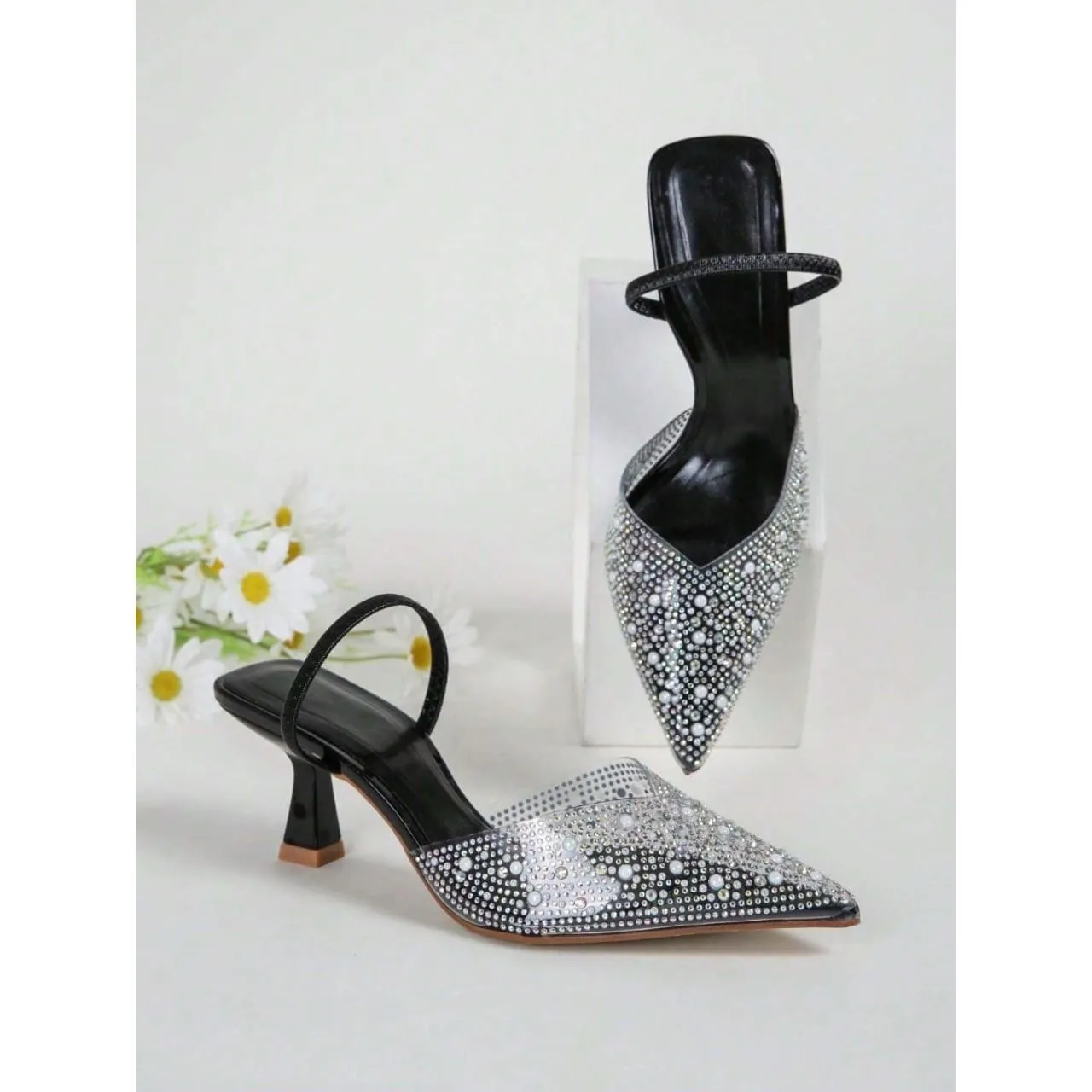 Solid Transparent Color Glitter Sandals Ankle Strap High Heels.