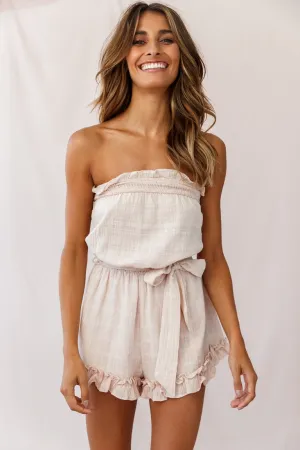 Stephy Frill-Trimmed Elasticated Strapless Romper Beige