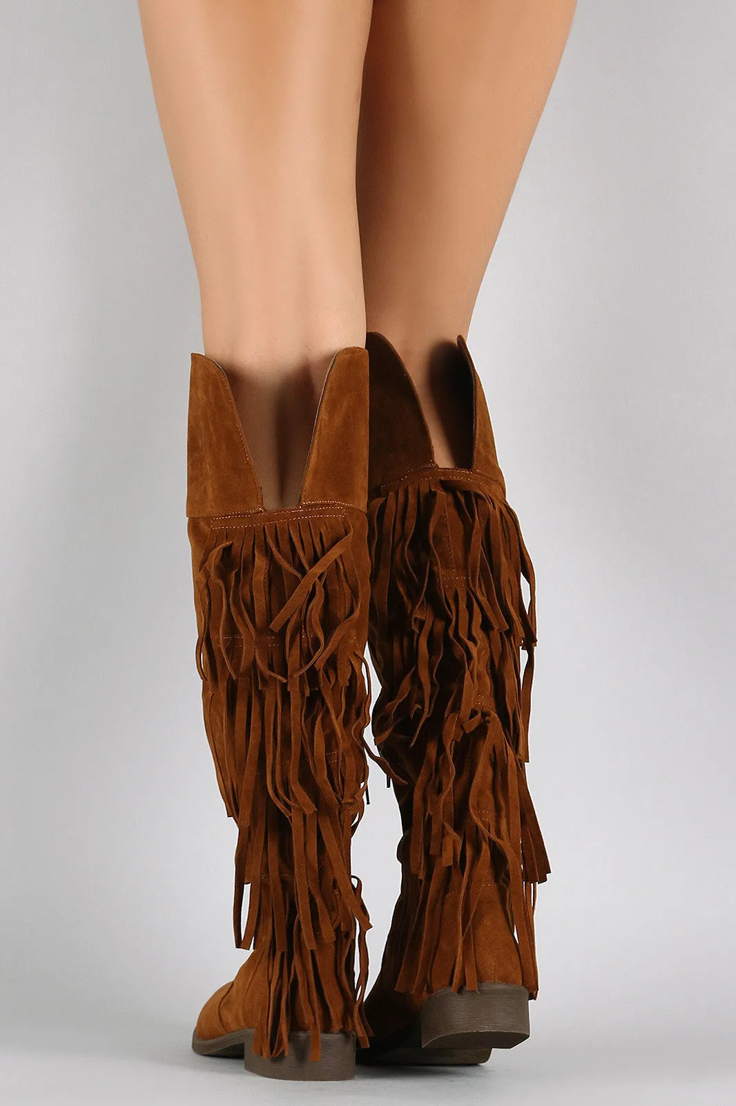 Suede Back Layered Fringe Riding Knee High Boots