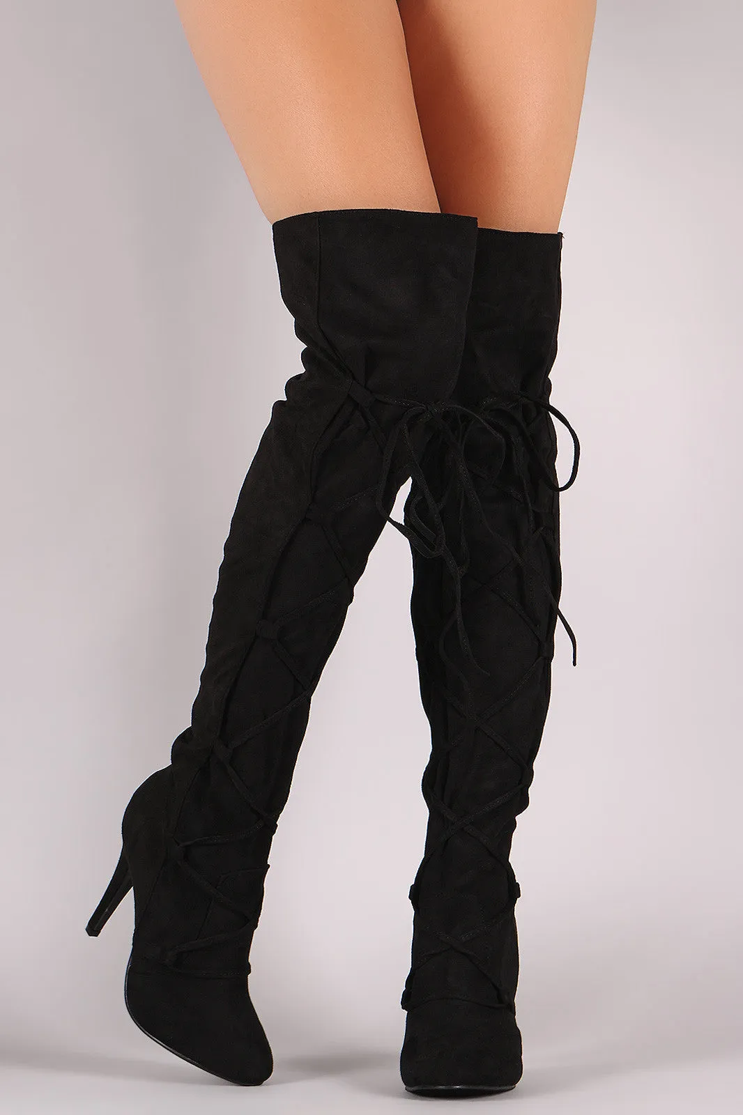 Suede Corset Lace-Up Stiletto Over-The-Knee Boots