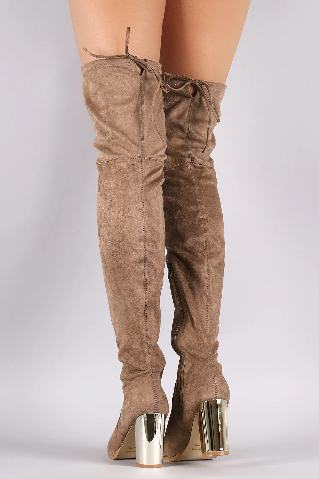 Suede Drawstring Tie Chunky Metallic Heeled Over-The-Knee Boots