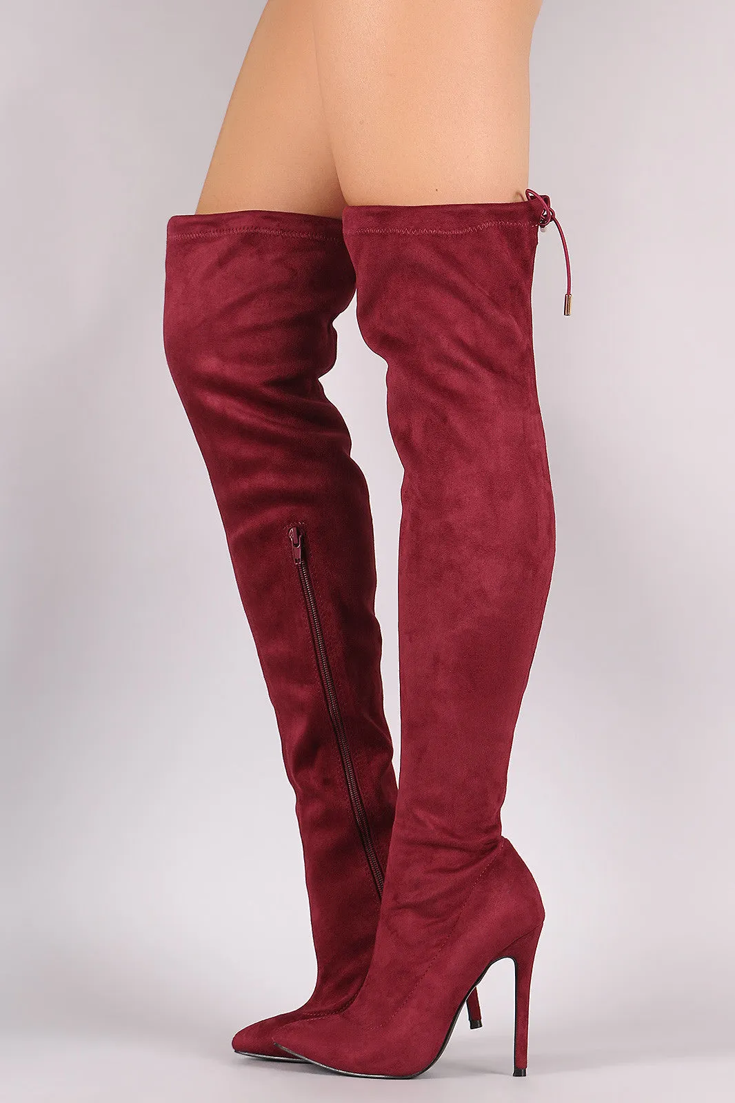 Suede Drawstring-Tie Pointy Toe Stiletto Boots