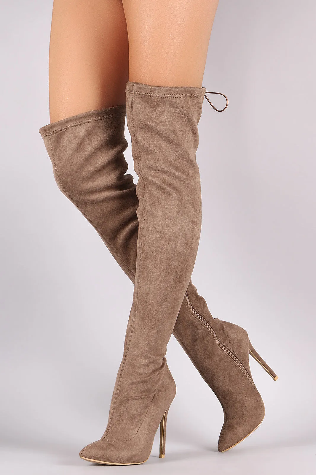 Suede Drawstring-Tie Pointy Toe Stiletto Boots