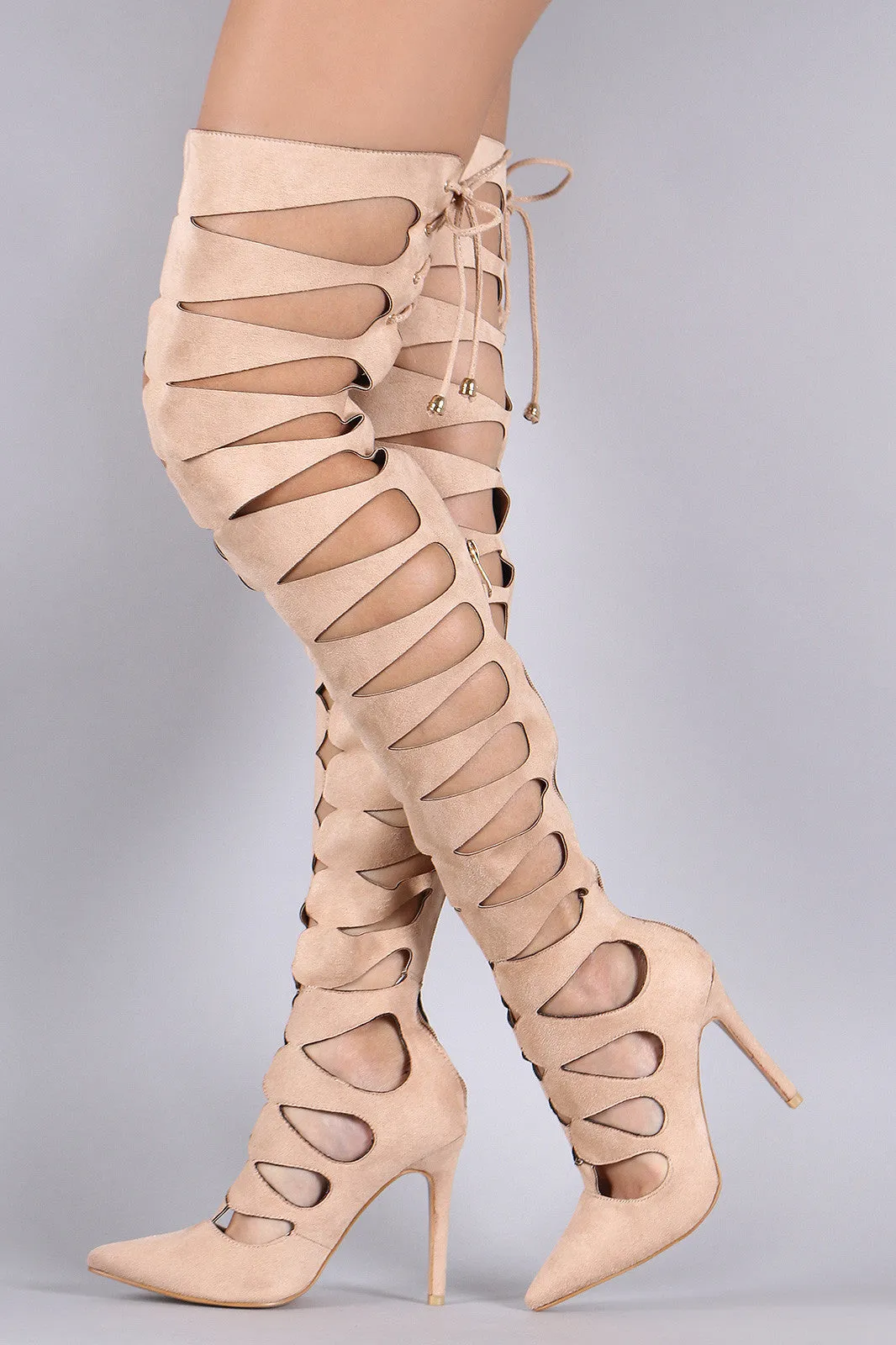 Suede Keyhole Cutout Pointy Toe Lace Up Stiletto Boots