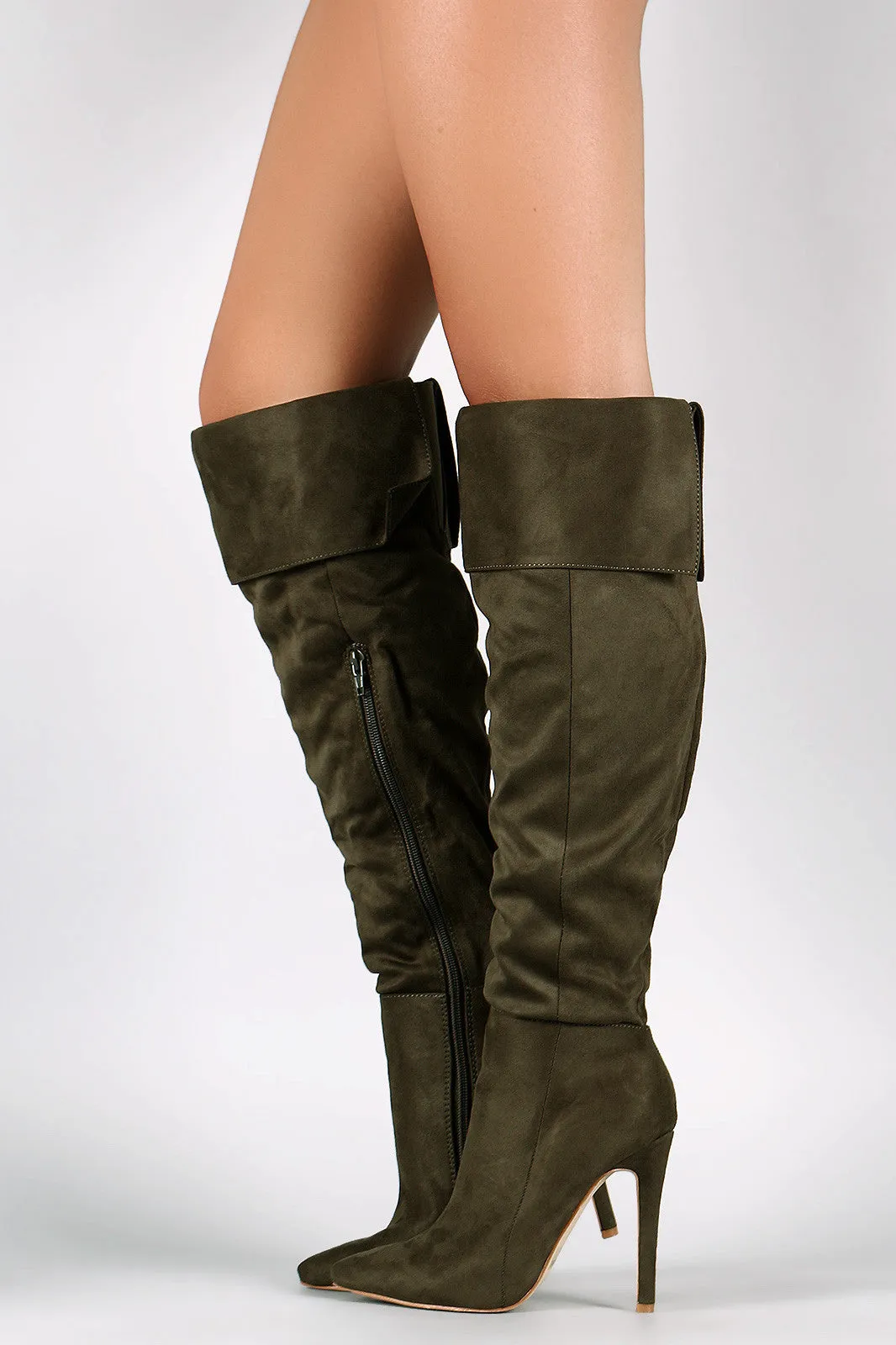 Suede Pointy Toe Cuff Over-The-Knee Stiletto Boots