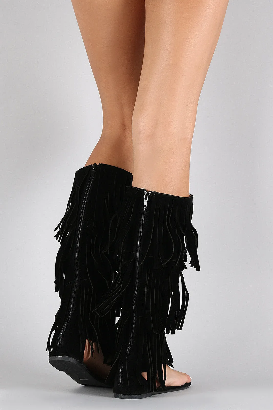 Suede Triple Layered Fringe Knee High Boot Sandal