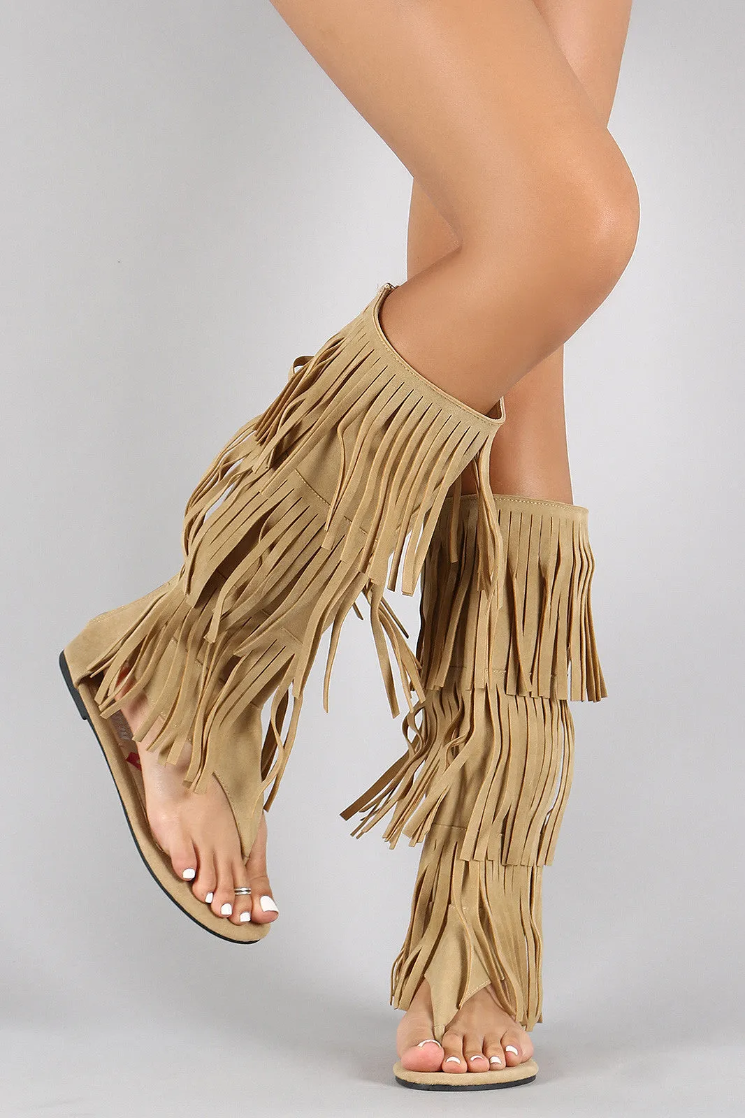 Suede Triple Layered Fringe Knee High Boot Sandal