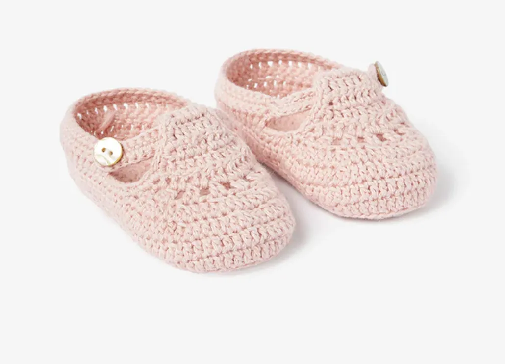 T-Strap Hand Crocheted Baby Booties in Blush (0-12M)