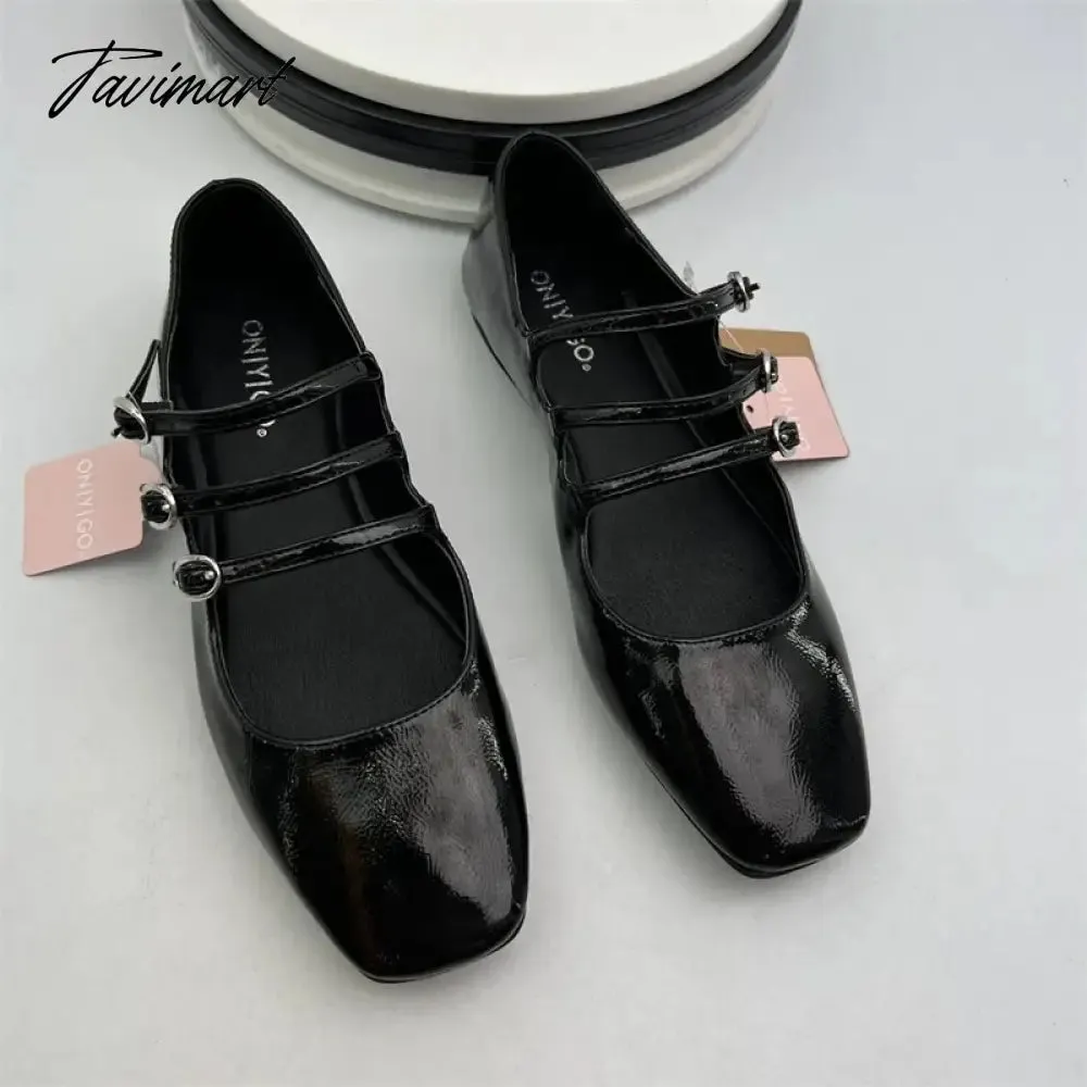 TAVIMART  -  Black Retro Mary Janes Flats Women Three Buckle Heeled Shoes Spring Leather Heels Lady Fashion High Heels Sandals