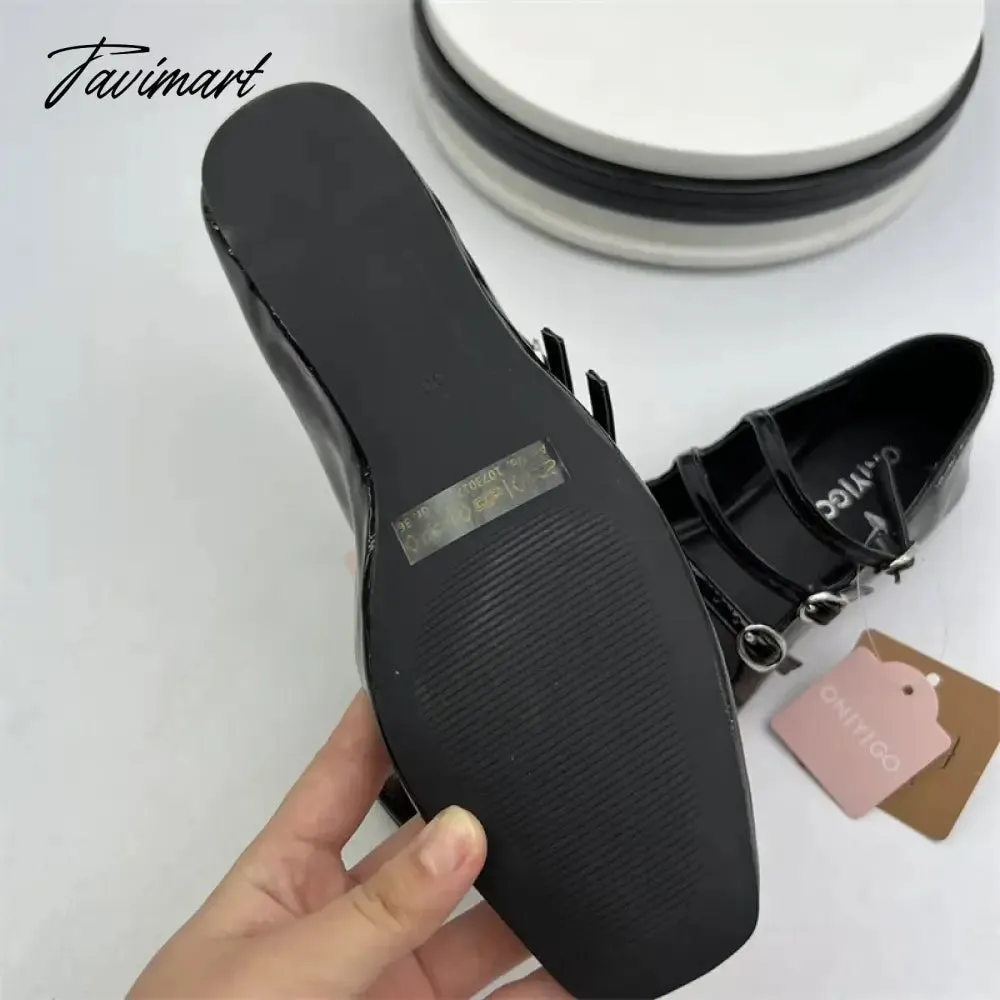 TAVIMART  -  Black Retro Mary Janes Flats Women Three Buckle Heeled Shoes Spring Leather Heels Lady Fashion High Heels Sandals