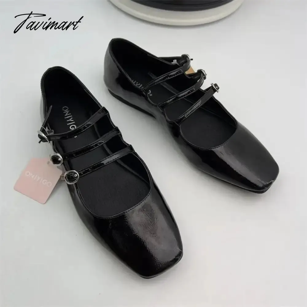 TAVIMART  -  Black Retro Mary Janes Flats Women Three Buckle Heeled Shoes Spring Leather Heels Lady Fashion High Heels Sandals