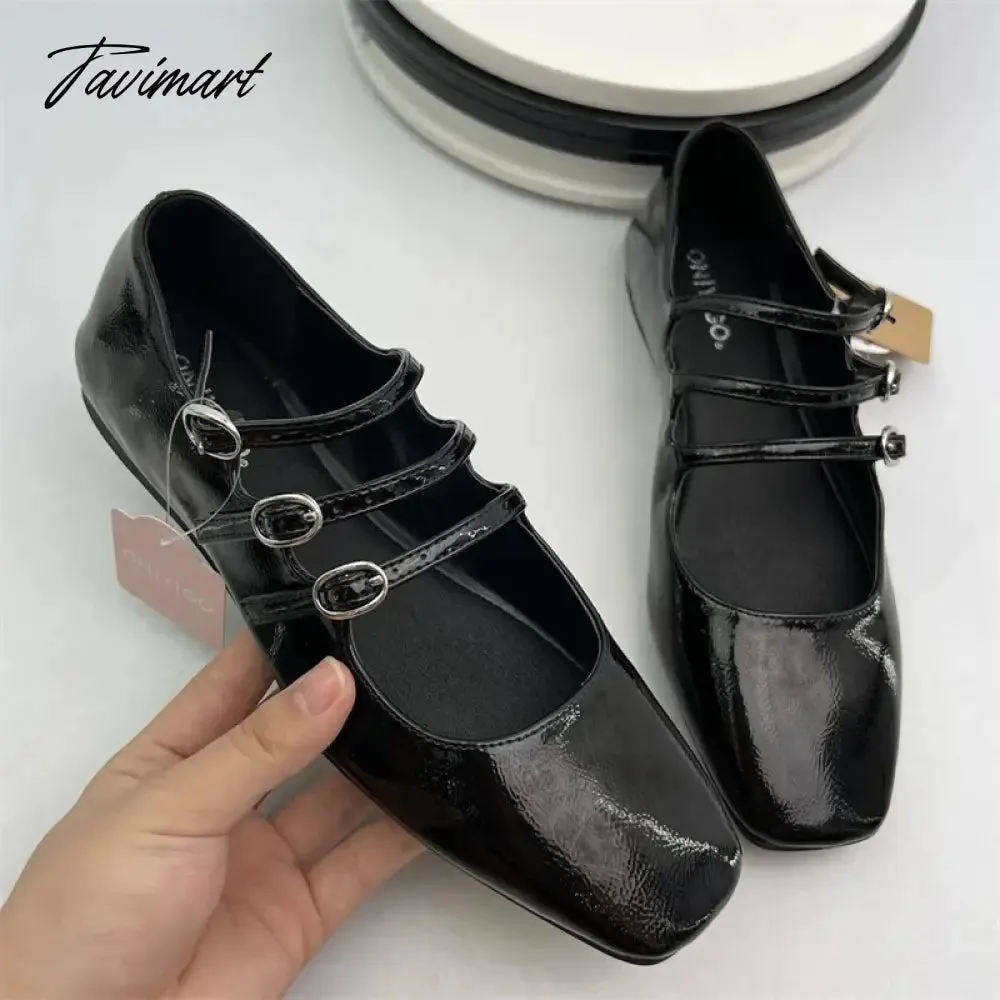 TAVIMART  -  Black Retro Mary Janes Flats Women Three Buckle Heeled Shoes Spring Leather Heels Lady Fashion High Heels Sandals