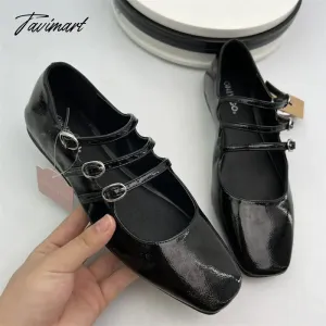 TAVIMART  -  Black Retro Mary Janes Flats Women Three Buckle Heeled Shoes Spring Leather Heels Lady Fashion High Heels Sandals