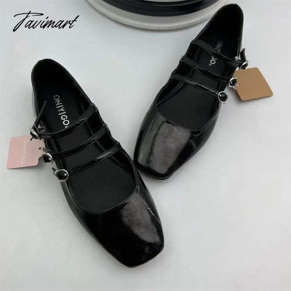 TAVIMART  -  Black Retro Mary Janes Flats Women Three Buckle Heeled Shoes Spring Leather Heels Lady Fashion High Heels Sandals