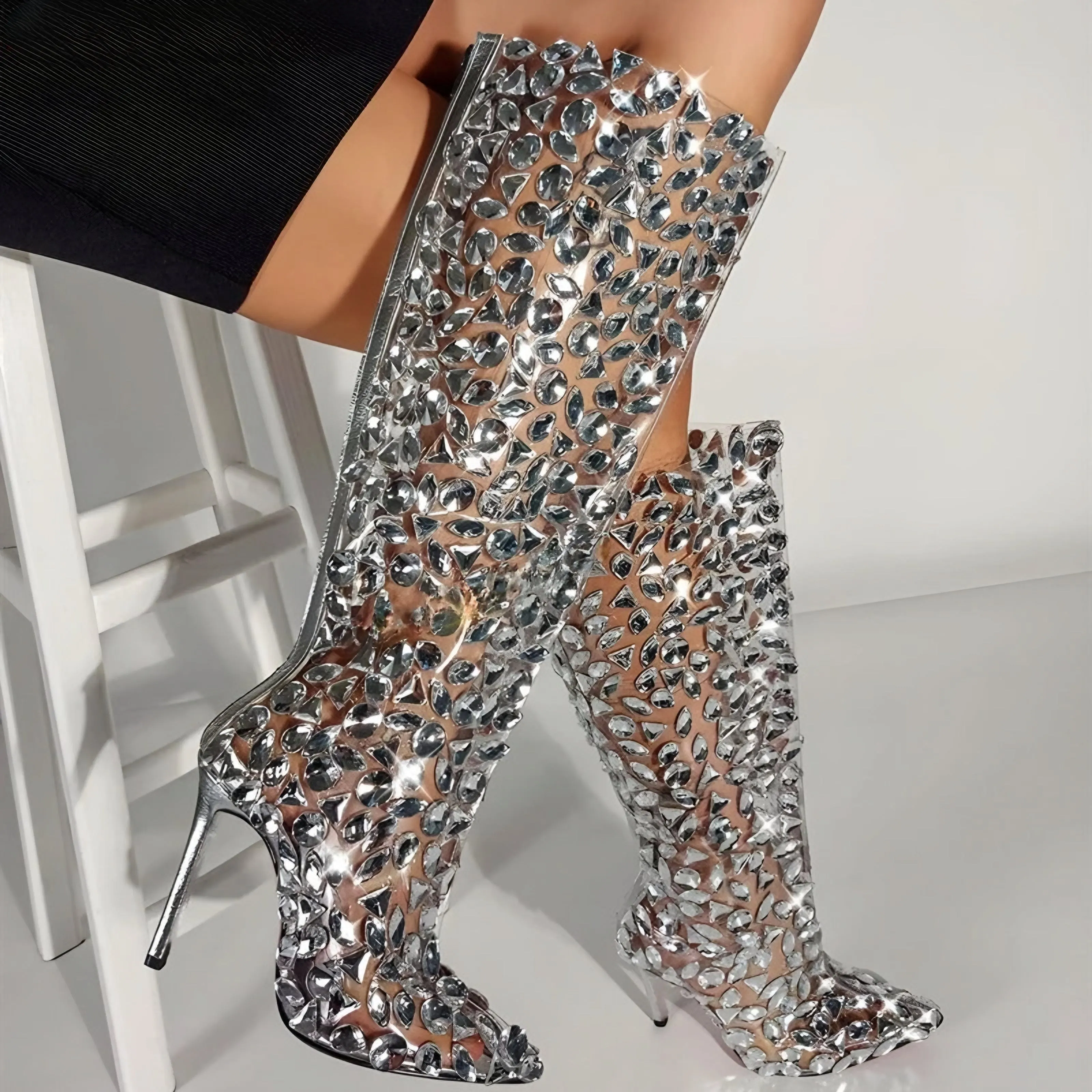 TEEK - Rhinestone Silver Knee-High Boots