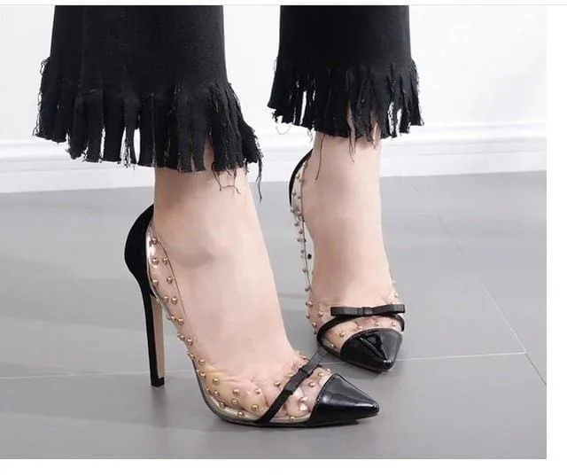 Transparent Clear PVC Rivet Bow Patchwork Sexy High Heel