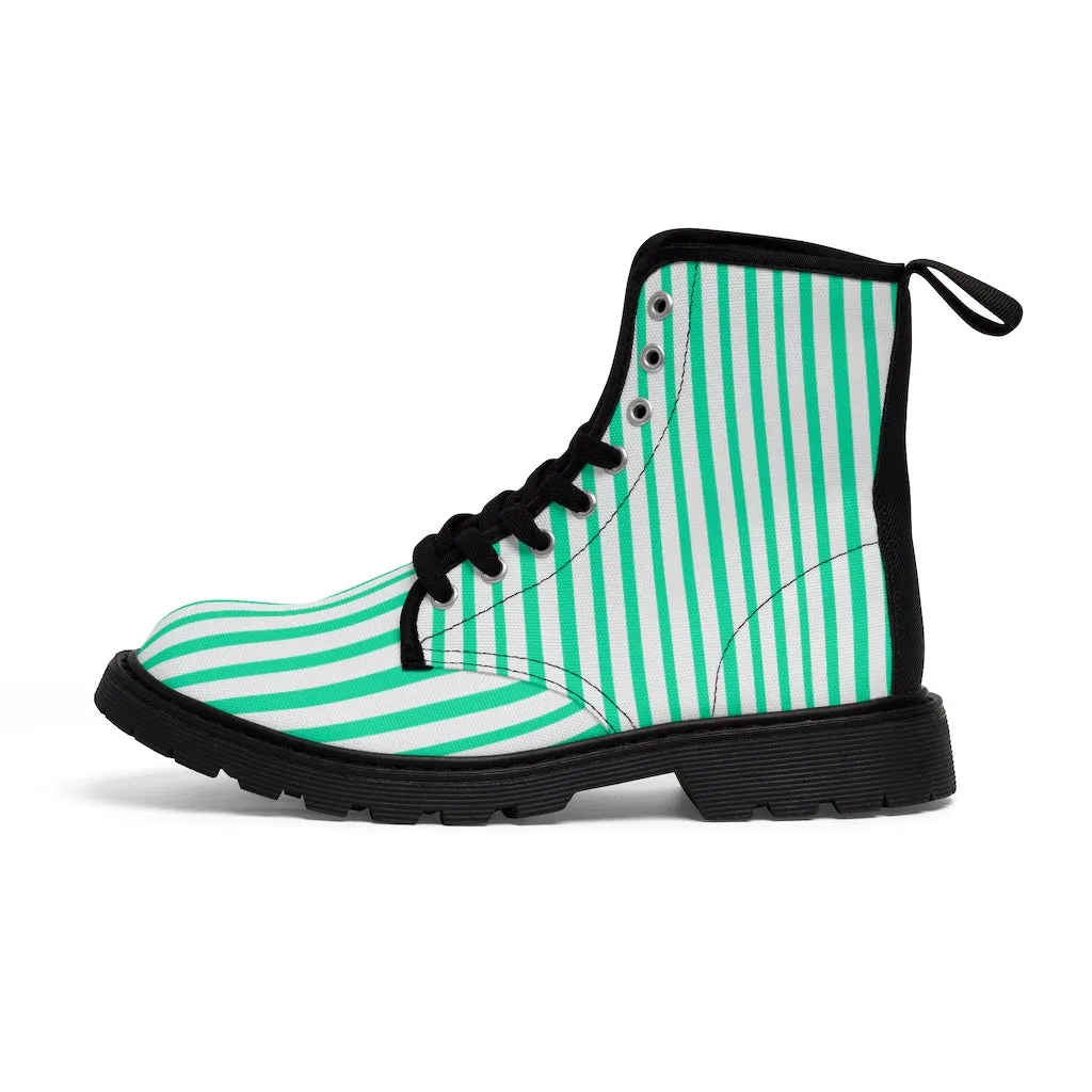 Turquoise Striped Print Men's Boots, Blue White Stripes Best Hiking Winter Boots Laced Up Shoes For Men