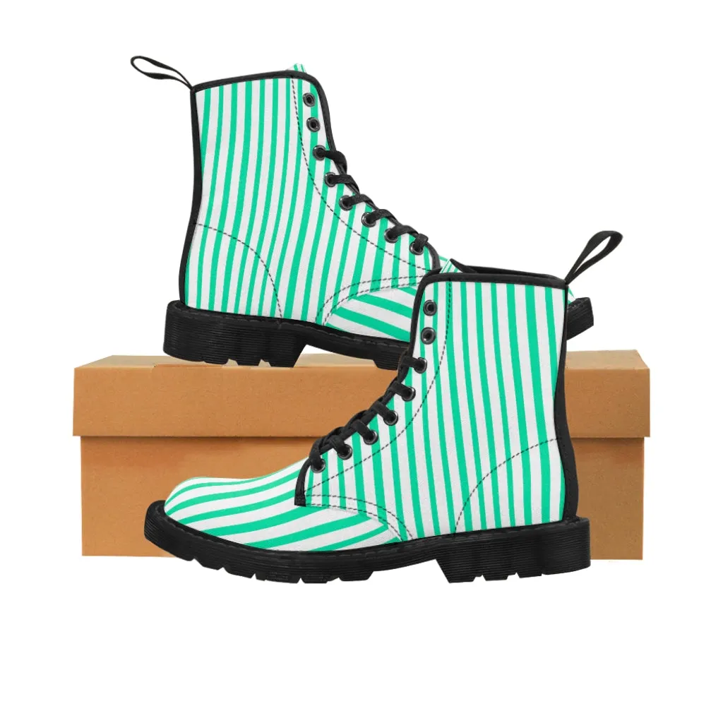 Turquoise Striped Print Men's Boots, Blue White Stripes Best Hiking Winter Boots Laced Up Shoes For Men