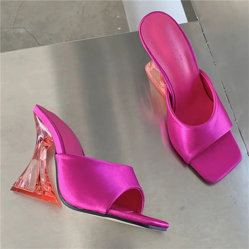 Uniwim 2024  Women Summer 11Cm High Heels Slides Lady Transparent Clear Heels Silk Satin Mules Fashion Slipper Peach Orange Quality Shoe