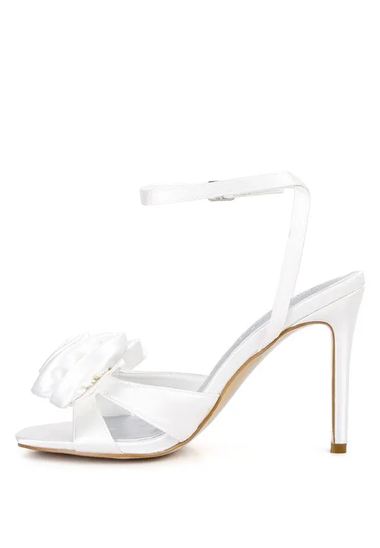 White Chaumet Rose Bow Satin Heeled Sandals