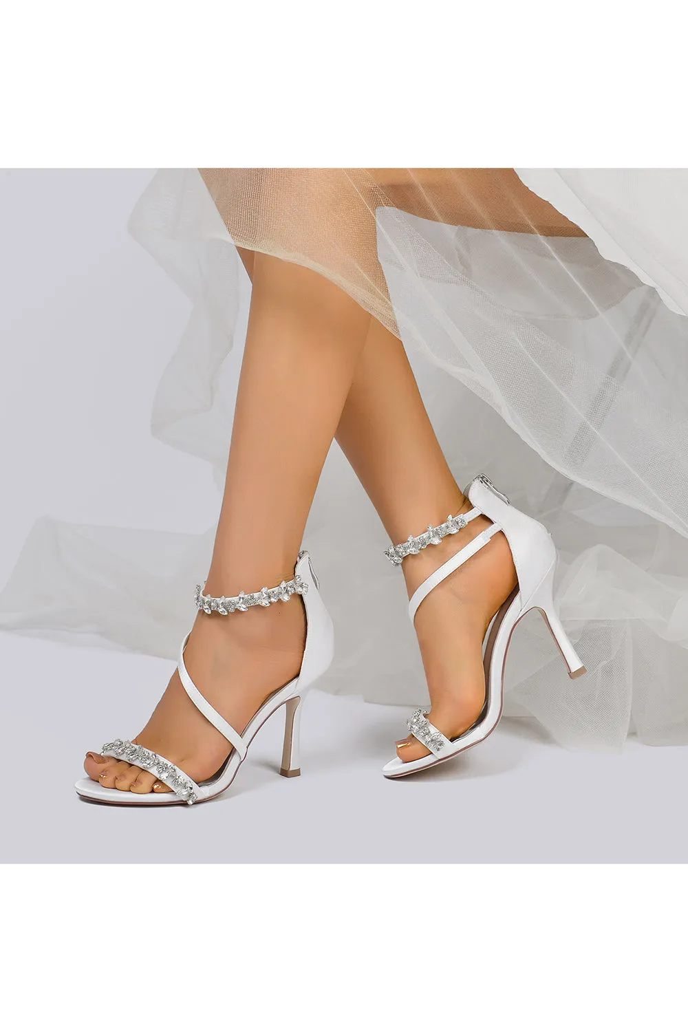 White Elegant High Heels with Crystal and Silver Accents