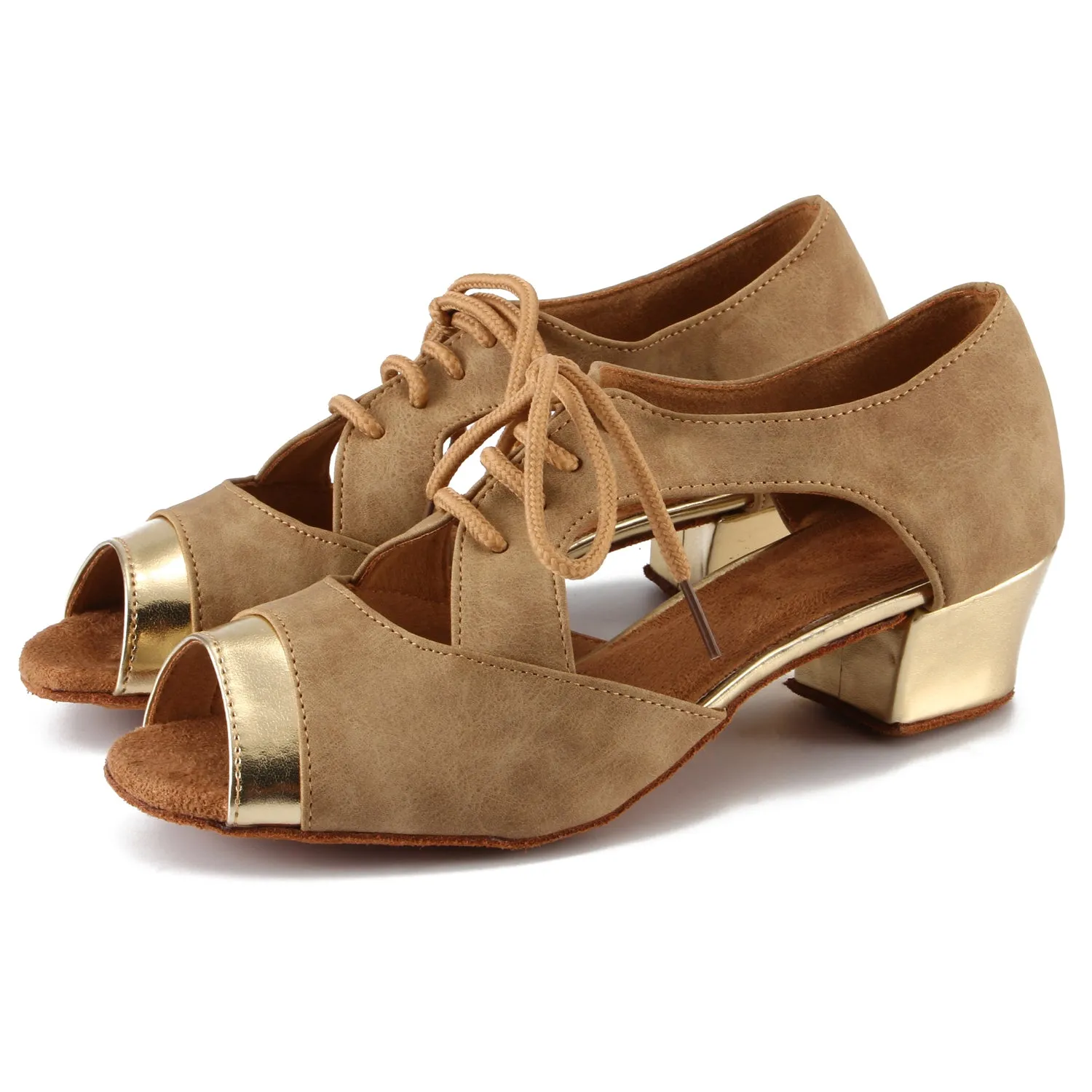 Women Ballroom Dancing Shoes Ladies Tango Latin Practice Dance Shoe Suede Sole Lace-up Open-toe Brown and Gold