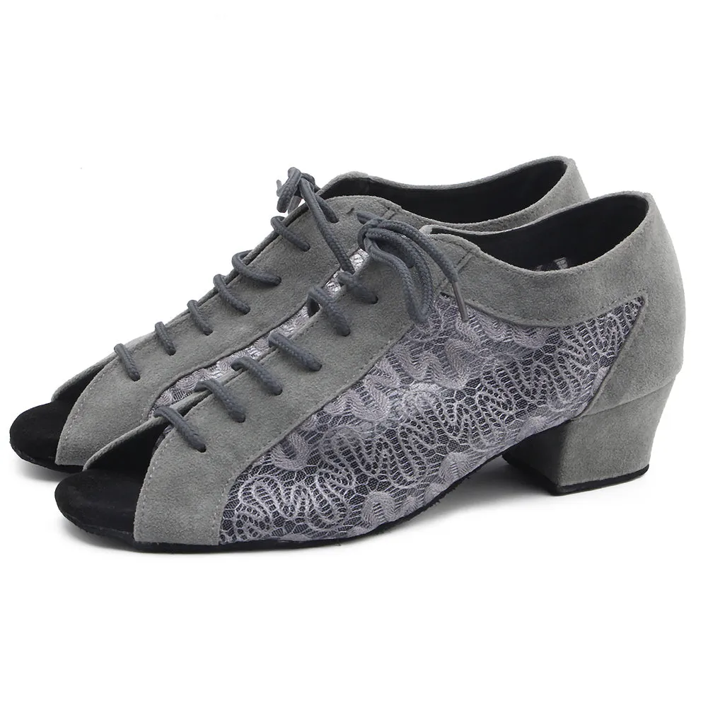 Women Ballroom Dancing Shoes Ladies Tango Latin Practice Dance Shoe Suede Sole Lace-up Open-toe Gray