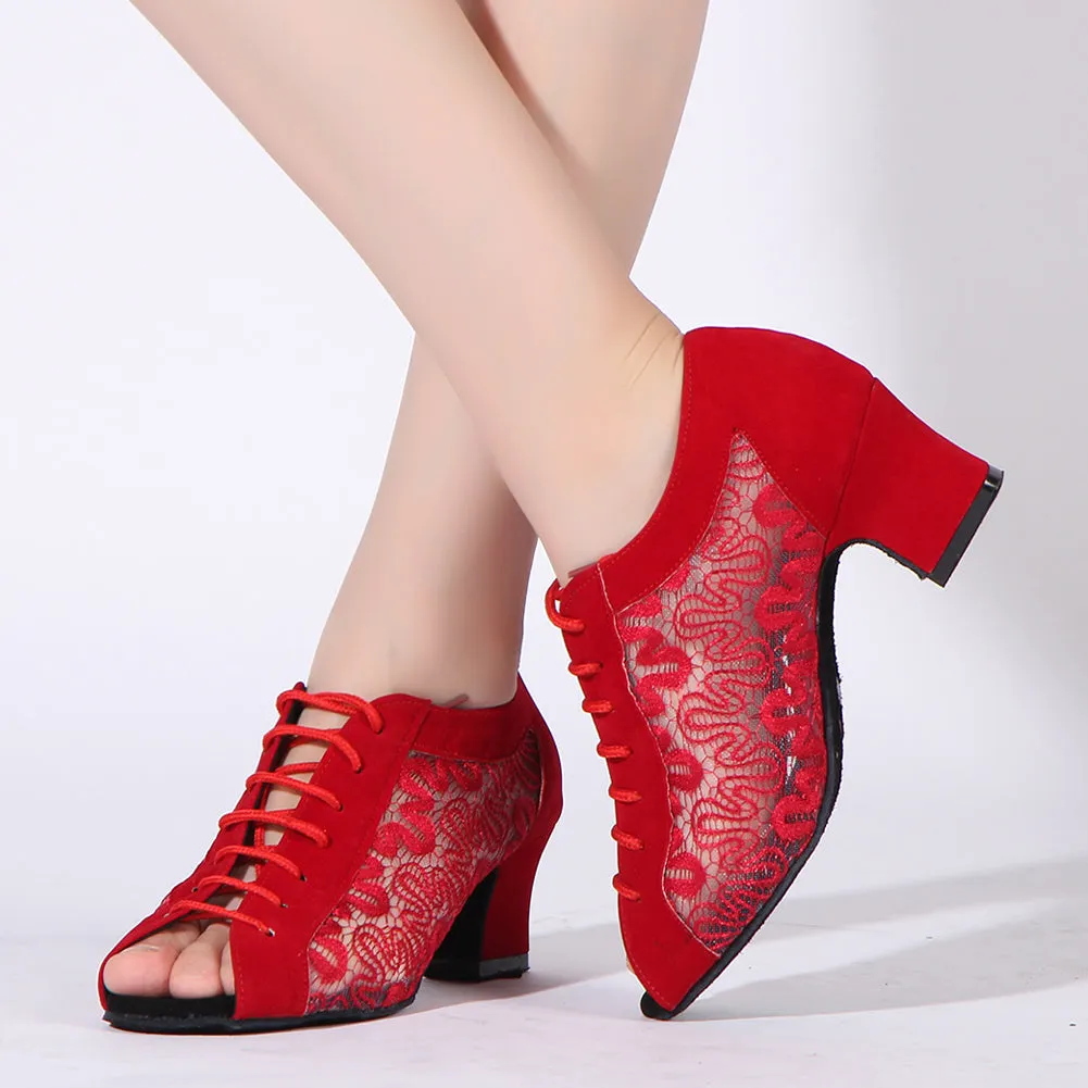 Women Ballroom Dancing Shoes Ladies Tango Latin Practice Dance Shoe Suede Sole Lace-up Open-toe Red