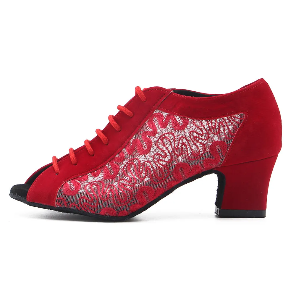 Women Ballroom Dancing Shoes Ladies Tango Latin Practice Dance Shoe Suede Sole Lace-up Open-toe Red