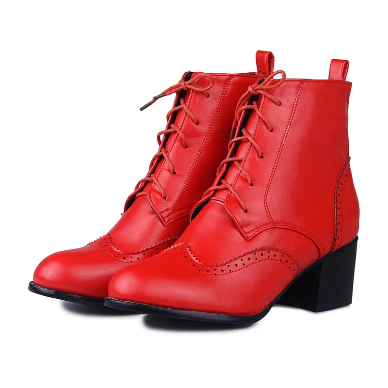 Women Lace Up Chunky High Heel Ankle Boots