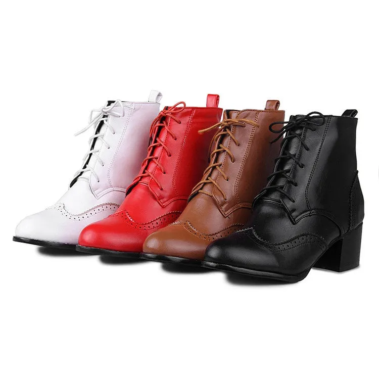 Women Lace Up Chunky High Heel Ankle Boots